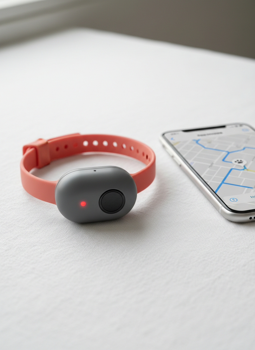 A close-up of a high-quality GPS cat collar laid out on a clean white linen surface, showing a compact, rounded tracker module in soft charcoal gray with a tiny LED indicator and smooth silicone band in muted coral. Beside it, a minimalist smartphone with an open pet tracking app shows a simple map with a small paw icon. Diffused daylight from an unseen window creates soft, shadowless lighting. Photographic realism, shot from a slightly elevated angle with crisp focus on the collar and gentle bokeh on the phone, conveying a modern, tech-savvy yet friendly mood, ideal for a product comparison context.