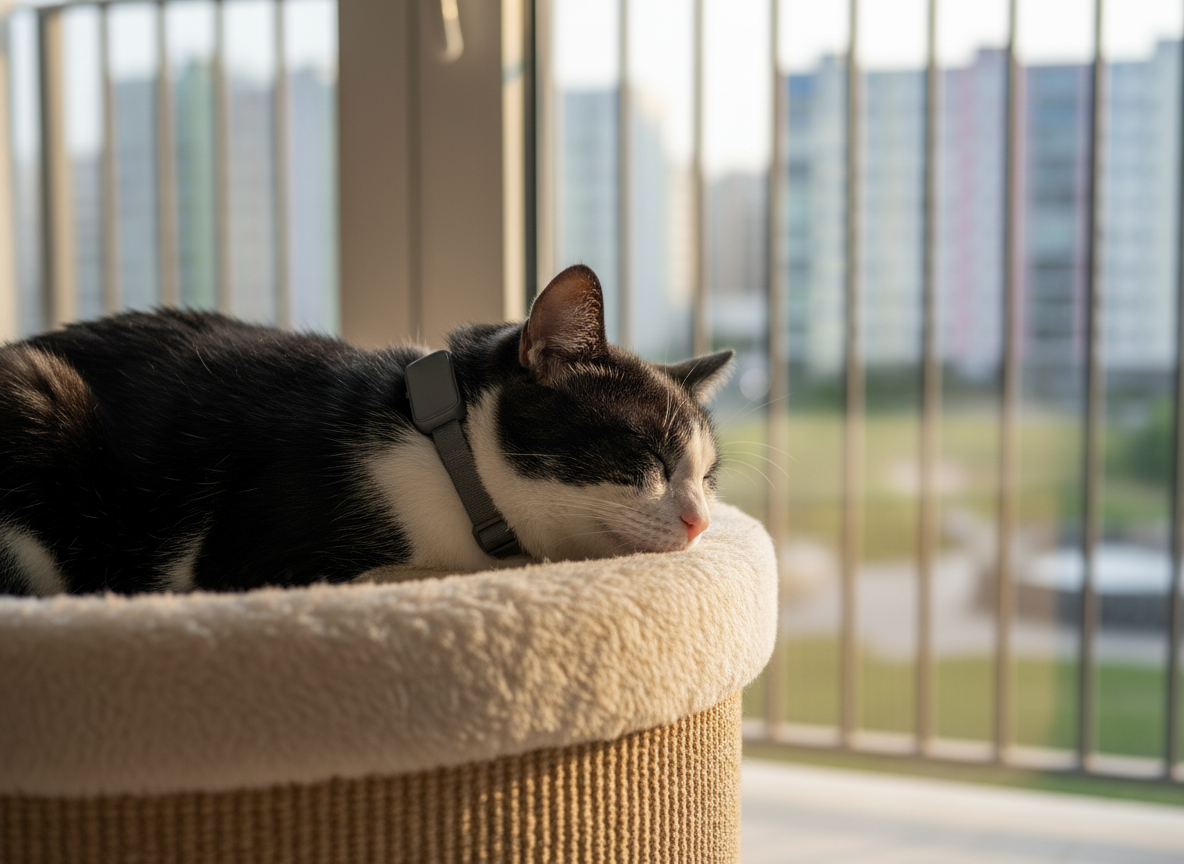 A content senior black-and-white cat napping on a plush, cream-colored cat bed near a balcony door, wearing a subtle graphite GPS collar with a very low-profile tracker that blends into the fur. Outside the glass, a softly blurred cityscape hints at apartment living. Late-morning natural light spills in, creating a serene glow across the cat’s relaxed face and the textured fabric of the bed. Photographic realism, eye-level composition with shallow depth of field, focusing on the cat and collar. The atmosphere is protective, gentle, and reassuring, emphasizing safety for indoor cats who live in higher-risk environments.