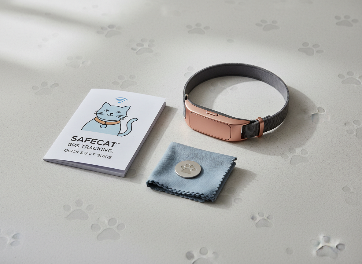 A detailed flat lay of a “new cat safety kit” on a light gray tabletop, featuring a folded instruction booklet about GPS tracking, a stylish rose-gold and charcoal collar with a slim tracker, a small brushed metal tag engraved with a paw, and a soft microfiber cleaning cloth. Faint paw-print patterns can be seen embossed in the background surface. Soft studio lighting from one side creates gentle shadows and subtle highlights on metal and silicone textures. Photographic realism with sharp focus across the arrangement, and a balanced, modern composition. The mood is educational, caring, and slightly aspirational, ideal for a how-to or starter guide article.