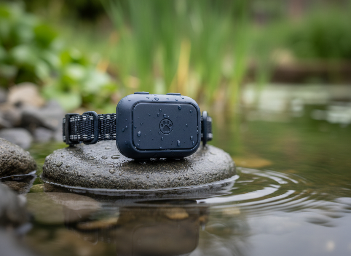 A detailed close-up of a waterproof GPS collar resting on a smooth wet stone beside a shallow garden pond, droplets of water beading on its rugged rubberized casing. The band is dark navy with reflective threads woven through, and the tracker has a tiny engraved paw icon. Surrounding the stone are blurred green reeds and soft ripples in the water. Soft overcast outdoor light creates even, diffused illumination, enhancing texture without harsh shadows. Photographic realism, shot from a low angle with shallow depth of field, creating a calm, trustworthy, and slightly adventurous mood that highlights durability and weather resistance.