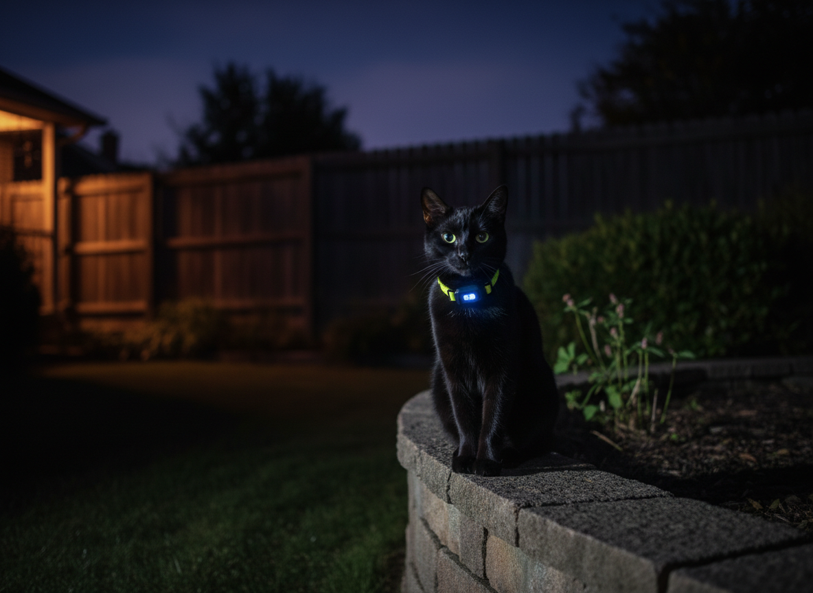 A night-time backyard scene featuring a sleek black cat perched confidently on a low garden wall, wearing a reflective neon yellow GPS collar with a tiny illuminated tracking module glowing soft blue. The background shows a dimly lit suburban yard with bushes and a wooden fence in deep shadow. A single warm porch light and faint ambient sky glow create dramatic contrast, with the collar’s reflective band catching the light. Photographic realism, captured from an eye-level angle with a dark, slightly blurred background, evoking a protective, vigilant mood that emphasizes visibility and location tracking after dark.