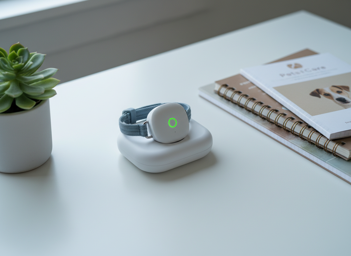 A compact GPS collar base station and charging dock displayed on a tidy white desk beside a small potted plant and a neat stack of pet-care notebooks. The collar rests in the dock, its tiny indicator light glowing soft green, with a braided fabric band in dusty blue. Cool, even daylight from a nearby window gives the scene a clean tech aesthetic, with subtle reflections on the dock’s smooth plastic. Photographic realism, shot from a slightly elevated angle with moderate depth of field, creating a calm, organized, and expert atmosphere that suggests reliable technology and thoughtful pet care guidance.
