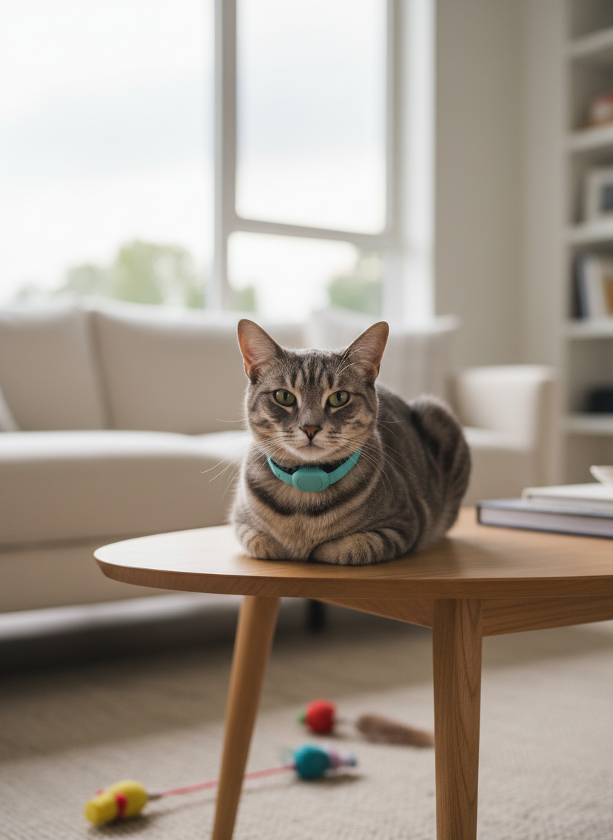 A sleek short-haired gray tabby cat wearing a modern, slim GPS collar in matte teal, resting comfortably on a mid-century style light oak coffee table. Behind the cat, a bright living room with neutral-toned furniture and a few neatly arranged cat toys is softly blurred. Late afternoon natural light pours through a large window, casting gentle highlights on the cat’s fur and a subtle sheen on the collar’s smooth surface. Photographic realism, eye-level composition with shallow depth of field, creating a calm, trustworthy, and homey atmosphere that emphasizes everyday pet safety and comfort.
