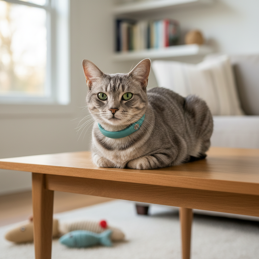 A sleek short-haired gray tabby cat wearing a modern, slim GPS collar in matte teal, resting comfortably on a mid-century style light oak coffee table. Behind the cat, a bright living room with neutral-toned furniture and a few neatly arranged cat toys is softly blurred. Late afternoon natural light pours through a large window, casting gentle highlights on the cat’s fur and a subtle sheen on the collar’s smooth surface. Photographic realism, eye-level composition with shallow depth of field, creating a calm, trustworthy, and homey atmosphere that emphasizes everyday pet safety and comfort.
