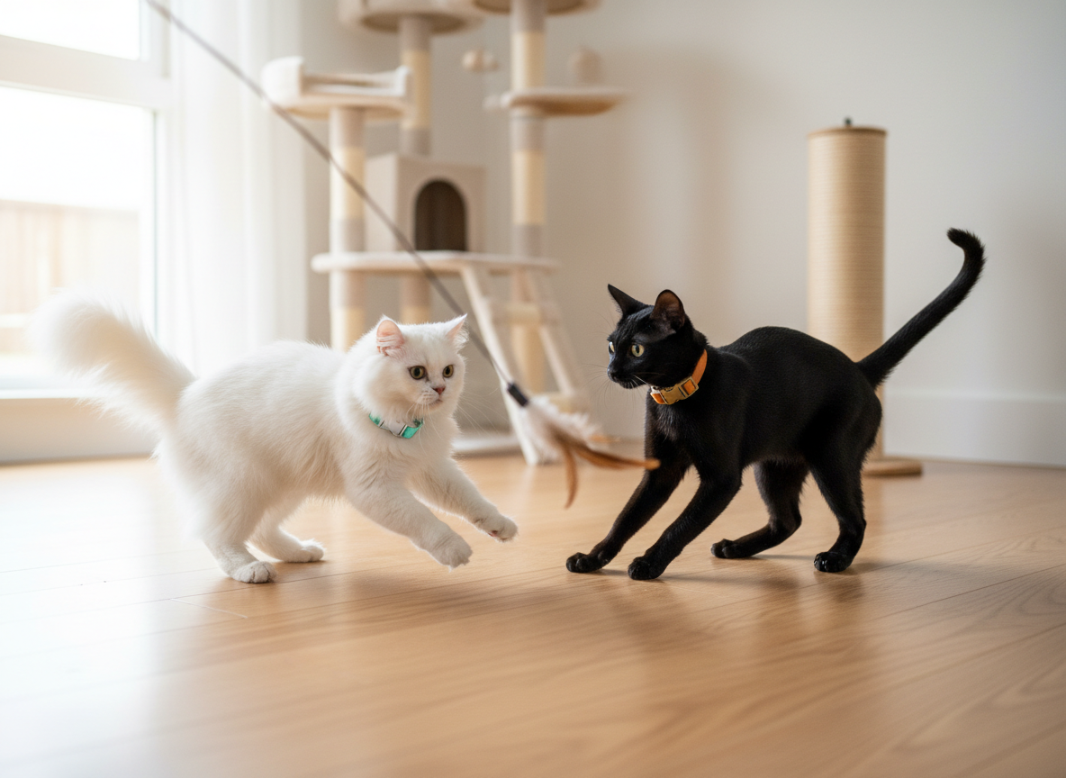 A playful scene of two cats—a fluffy white longhair and a sleek black shorthair—chasing a feather toy across a light oak floor, both wearing different colored GPS collars, one mint green and one burnt orange. In the background, a modern cat tree and a neatly arranged scratching post are softly out of focus. Bright, indirect daylight from a nearby window creates lively highlights on their moving fur and glints off the collar buckles. Photographic realism, captured with a slight motion blur in their paws but crisp detail on the collars, conveying energetic, joyful indoor play with a subtle emphasis on tracking and safety.