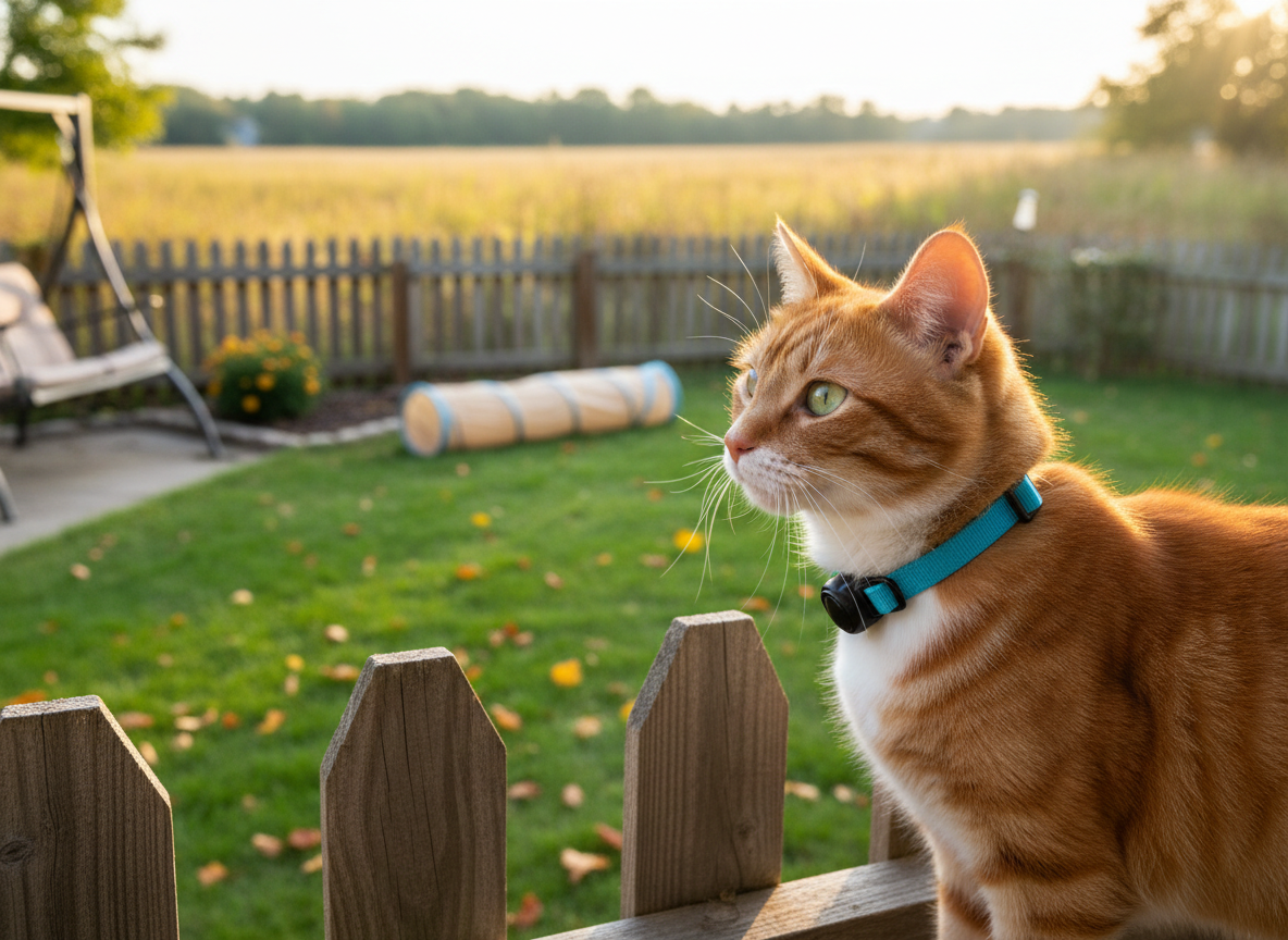 A curious ginger cat standing at the edge of a small fenced backyard, wearing a bright sky-blue GPS collar with a discreet tracker nestled under its chin. The grass is lush and freshly cut, with a few scattered leaves and a cozy cat tunnel in the background. Golden hour sunlight casts a warm glow, creating delicate rim lighting along the cat’s whiskers and collar edges. Photographic realism, captured from a low, slightly angled perspective following the cat’s gaze outward, with moderate depth of field. The mood is adventurous yet reassuring, highlighting outdoor exploration with peace of mind.