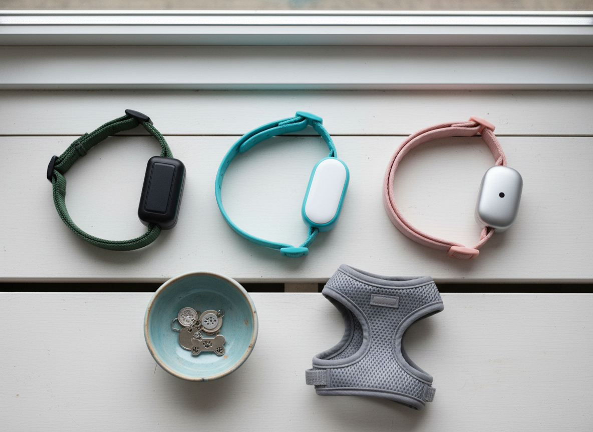 An overhead view of a neatly organized pet gear station on a pale wood bench: three different GPS collars for cats in varied colors and shapes, a small ceramic dish of ID tags, and a folded soft gray harness. Each collar is distinct, with visible textures like woven nylon, smooth silicone, and padded microfiber. Soft overcast window light produces even illumination with gentle, natural shadows. Photographic realism with sharp focus throughout, clean and modern composition, evoking a comparison-guide feel that is practical, approachable, and slightly minimalist, perfect for illustrating choices on a review page.